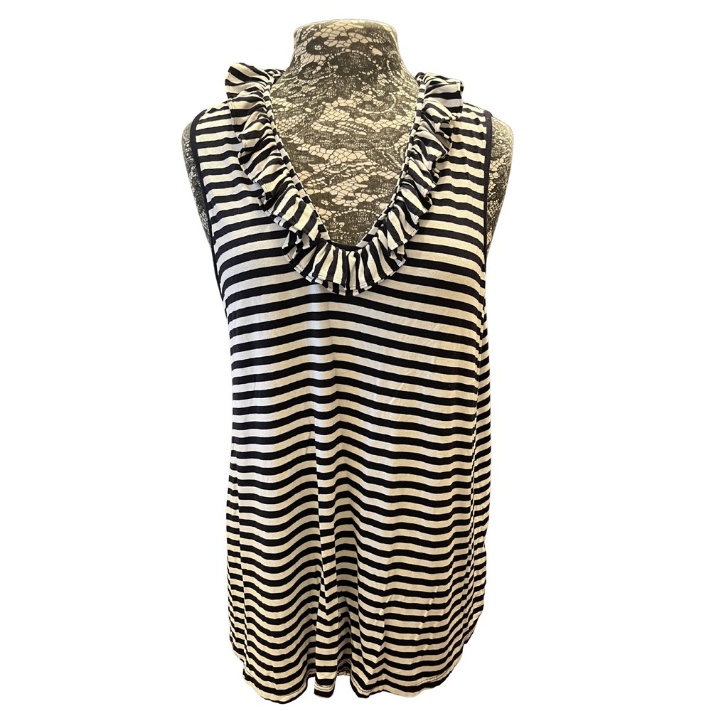 Crown & Ivy Plus 1X Navy Striped Ruffle Tank Top Beachy Nautical Preppy‎ Resort